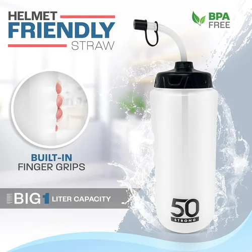 Vista 3 de Botella de agua de 1 litro con pajita Botella de agua de hockey con popote largo Botellas fáciles de apretar + agarre integrado Botella