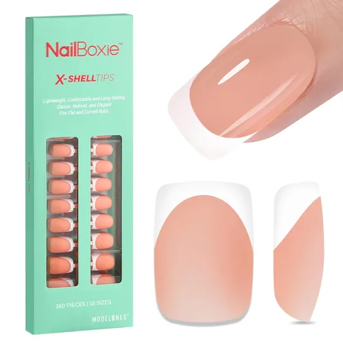 Vista 8 de modelones Uñas postizas a presión con punta francesa, 150 uñas postizas largas cuadradas con caja de uñas, puntas de uñas de gel color nude profundo