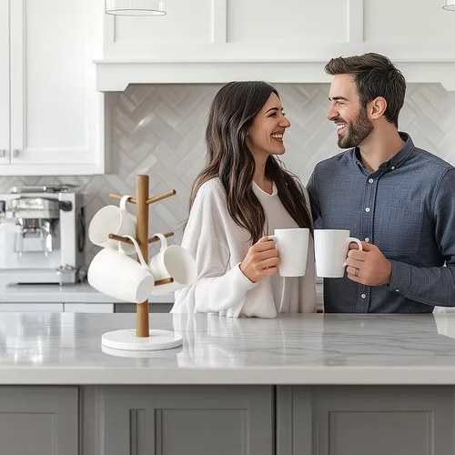 Vista 4 de Buruis Soporte para tazas de madera, base de mármol, soporte para tazas, soporte para cocina, café, encimera, soporte para té, secadora de taza