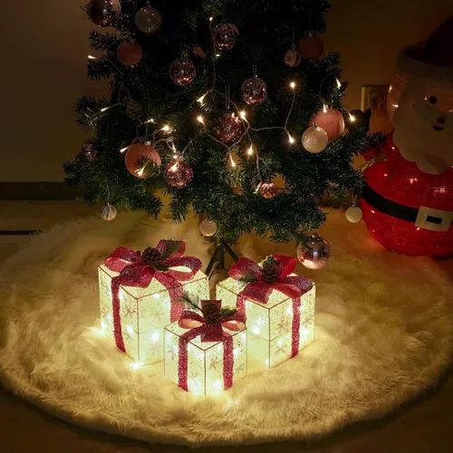Vista 2 de Juego de 3 cajas de regalo iluminadas de Navidad, cajas de regalo de Navidad a pilas, LED blanco cálido con lazos para árbol de Navidad