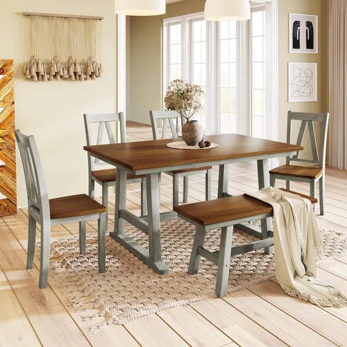 Vista 23 de Juego de mesa de comedor de 6 piezas estilo granja, mesa rectangular con soporte y 4 sillas tapizadas y banco, juego de muebles de cocina
