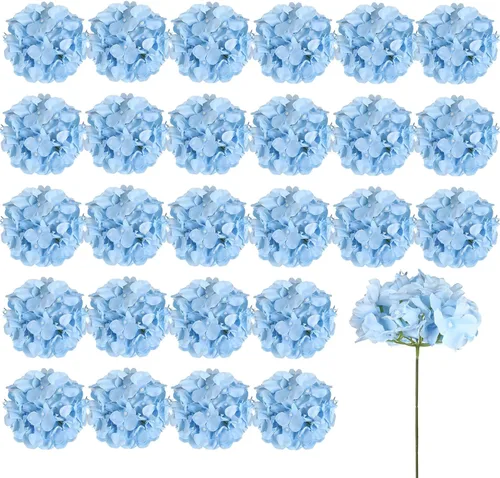 Vista 9 de Auihiay 46 piezas de flores artificiales de hortensia de seda con tallo, flores artificiales azules de hortensia para centro de mesa de boda DIY