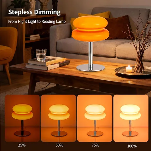 Vista 2 de Lámpara vintage de hongos, lámpara de cristal naranja con base de metal, lámpara de mesita de noche regulable para dormitorio, sala de estar