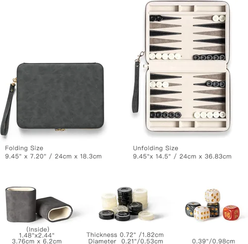 Vista 5 de Juegos de backgammon Lingle para adultos, juego de mesa clásico con estuche plegable de cuero sintético para backgammon, juego de backgammon Negro