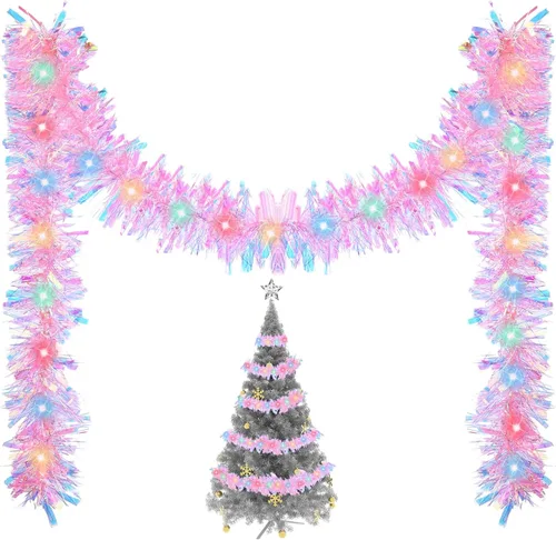 Vista 19 de Kingdder Guirnalda de Oropel de Navidad de 16.4 pies Iluminada Metálica Trenzada Decoración de Árbol Preencendida Operada con Batería 50 LED