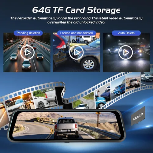 Vista 8 de Cámara de espejo retrovisor de 9.66 pulgadas, cámara de espejo 4K frontal y trasera con cámara trasera de 1080P, cámara de espejo de pantalla táctil