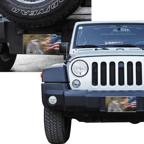 Vista 4 de Placa de matrícula delantera de aluminio con bandera estadounidense de águila calva, placas de matrícula decorativas, divertida placa de metal