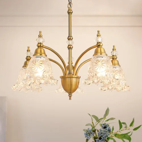 Candelabro vintage de 5 luces, lámparas de comedor de latón para mesa, lámpara de techo de vidrio de granja para cocina, comedor, vestíbulo, baño,