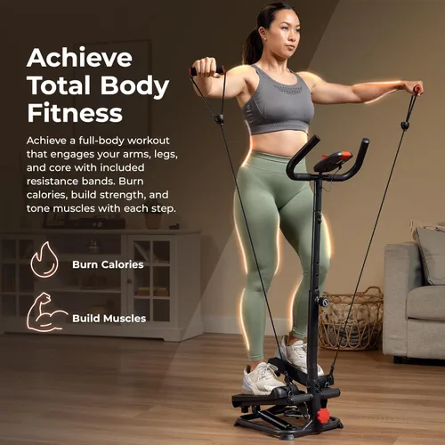 Vista 2 de Sunny Health & Fitness Total Body 2-in-1 Smart Stepper Machine for Home with Handlebar and Resistance Bands