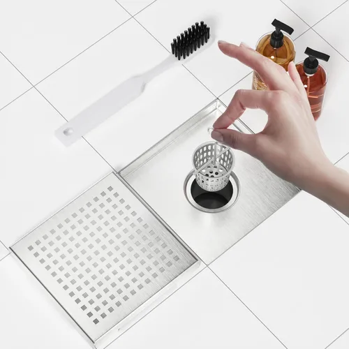 Vista 7 de Neodrain Drenaje de ducha cuadrado de 6 pulgadas con rejilla extraíble de patrón Quadrato, base de drenaje de ducha de PVC y junta de goma