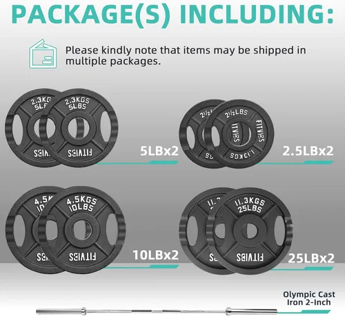 Vista 2 de Fitvids Olympic Cast Iron 2-Inch Weight Plates Including 5FT Olympic Barbell Bar with Safely Locks, 100 Pounds Set