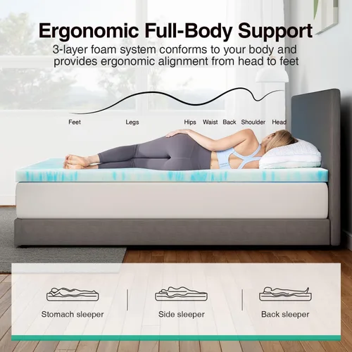 Vista 4 de Novilla Cubrecolchón de espuma viscoelástica individual de 2 pulgadas, infusión de gel refrescante, almohadilla ventilada para aliviar la presión