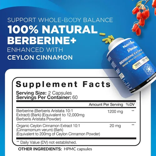 Vista 2 de Nutrivein Berberina Premium 1200 mg con Canela de Ceilán - 120 Cápsulas: Suplemento de berberina de alta absorción para defensas, digestión