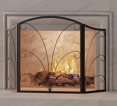 Vista 6 de Kingson - Pantalla para chimenea de 3 paneles con arco decorativo, hecha a mano, de hierro forjado con espiral, cubierta protectora contra chispas