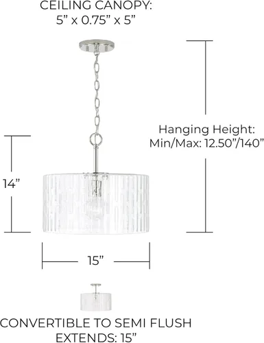 Vista 2 de Capital Lighting 241311PN Emerson - Lámpara de techo convertible de cristal sembrado en relieve/semiempotrada, 1 luz de 100 vatios, 14 pulgadas
