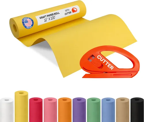 Vista 61 de Rollo de papel kraft amarillo de 36" x 1200" (100 pies) con cortador - Papel de regalo hecho en EE. UU. para embalaje, mudanza, envío