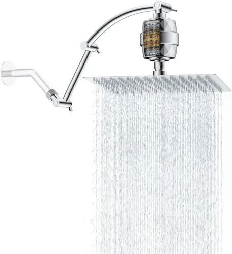 Vista 23 de Hibbent Cabezal de ducha de lluvia de metal, cabezal de ducha cuadrado de alta presión de 8 pulgadas con brazo de extensión de ducha de 16 pulgadas