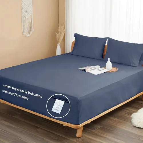 Vista 7 de Sunflower Sábana Bajera Ajustable Individual, Sábana Bajera Ajustable de 1 Pieza con Bolsillo Profundo de 15", 100% Algodón Satén Suave Azul Indigo