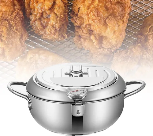 Vista 2 de Olla de acero inoxidable, sartén de aceite con termómetro, freidora de fondo plano desmontable de 7.9 in/9.4 in para anillos de calamar perfectos