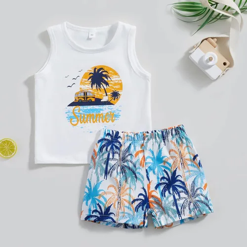 Vista 3 de Conjunto de pantalones cortos para niños pequeños, camiseta estampada junto al mar, 2 piezas, ropa de verano Playas a
