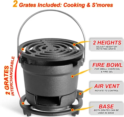 Vista 5 de Parrilla Hibachi 2 en 1 para exteriores, hierro fundido pre-sazonado, parrilla de carbón MINI portátil de mesa para acampar - con puerta