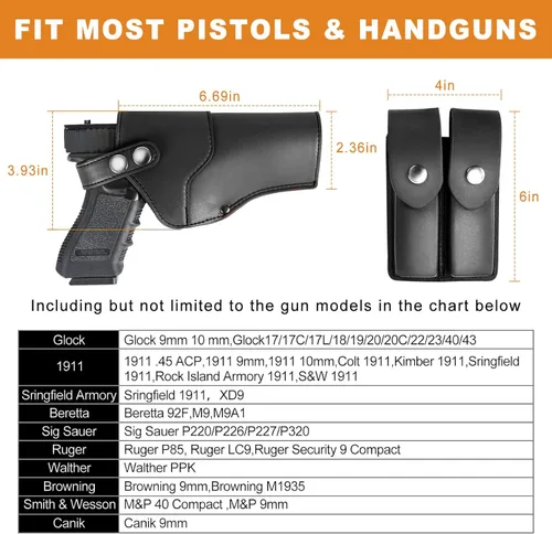 Vista 7 de Funda de hombro, fundas de hombro ajustables de cuero para transporte oculto con doble bolsa de revista, compatible con 1911, Glock 17/19/23