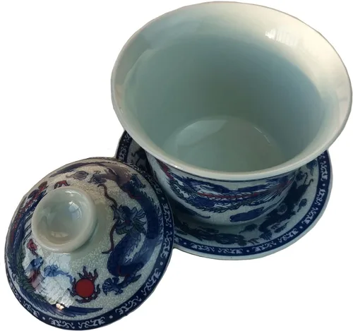 Vista 2 de Gaiwan - Juego de té de porcelana con diseño de panoya chino (4.7 fl oz, diseño de dragón y fénix)