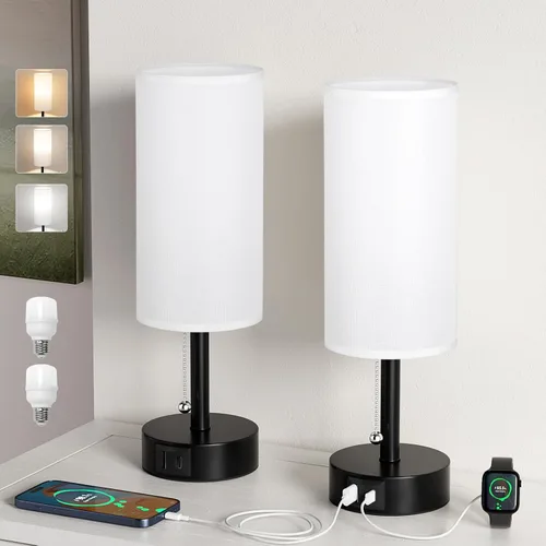Vista 11 de Fenmzee - Juego de 2 lámparas de mesa de noche con 3 temperaturas de color, lámpara de cadena con puerto de carga de CA, redonda, para dormitorio