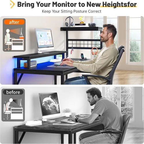 Vista 7 de EnHomee Escritorio para juegos de 40 pulgadas con tomas de corriente y luces LED, escritorio para computadora con cajón y estante de almacenamiento