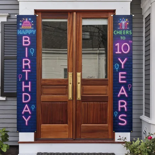 Neno Glow - Cartel de feliz cumpleaños número 10 para puerta, decoración colorida – Saludos a 10 años de edad, decoración temática de fiesta de