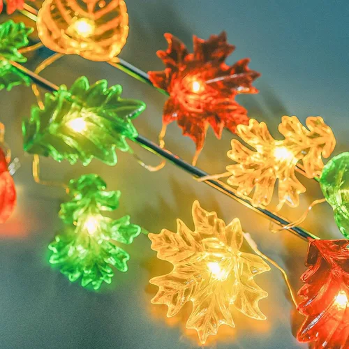 Vista 2 de Guirnalda de luces decorativas de hojas de hadas para decoración de Acción de Gracias, guirnalda de otoño, 30 luces LED de 10 pies, funciona