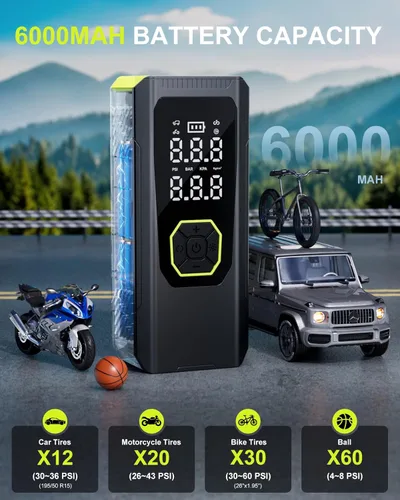 Vista 3 de OUSHASAA Inflador de neumáticos, compresor de aire portátil, bomba de aire de 144 PSI para neumáticos de automóvil, inflado de modo doble, bomba