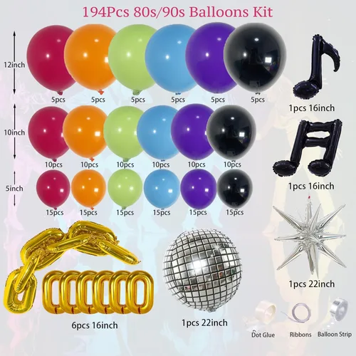 Vista 2 de ECEAE Kit de guirnalda de arco de globos de los años 80 y 90, color brillante con cadena, globos de estrella de música disco para suministros