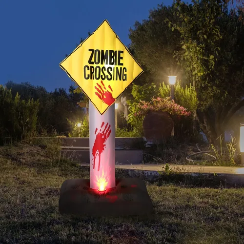 Vista 2 de Haunted Hill Farm Letrero de cruce de zombies de 6 pies con luces, decoración inflable de Halloween para césped y patio, decoración navideña