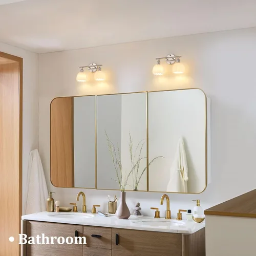 Vista 2 de Shenmoyl Lámparas de baño, lámpara de pared de 2 luces para tocador sobre espejo con pantalla de vidrio tulipán blanco para dormitorio, sala