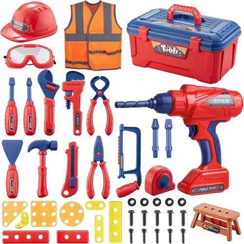 Vista 9 de Juego de Mesa de Herramientas para Niños, MAGIC4U 95 Piezas Mesa de Trabajo de Herramientas para Niños Pequeños con Taladro Electrónico, 13 Equipos