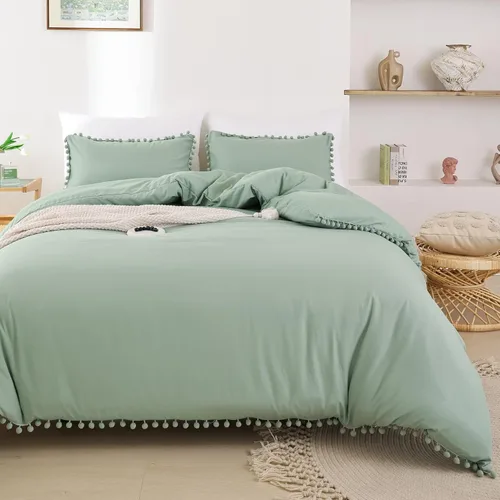 Vista 2 de YIRDDEO - Juego de edredón tamaño King con borla de bolas y borde de pompones, juego de cama King suave para todas las estaciones - 3 piezas, 1
