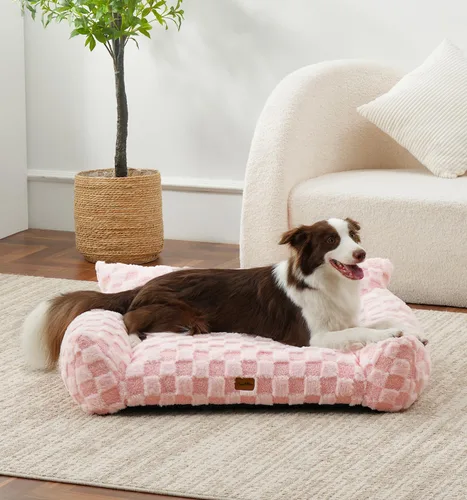 Vista 3 de Made4Pets Cama Sofá para Perros, Suave Sofá Interior para Mascotas de Piel Sintética a Cuadros, Cómodo Sofá Esponjoso para Perros con Espuma