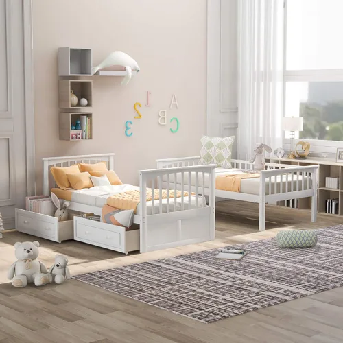 Vista 93 de Harper & Bright Designs Litera de tamaño matrimonial sobre matrimonial con 3 cajones, litera de madera maciza con almacenamiento y riel