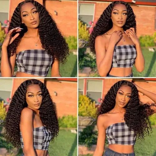 Vista 2 de Kdmidun Pelucas de cabello humano ondulado profundo con encaje frontal para mujeres negras, pelucas de encaje frontal transparente HD de 13 x 4