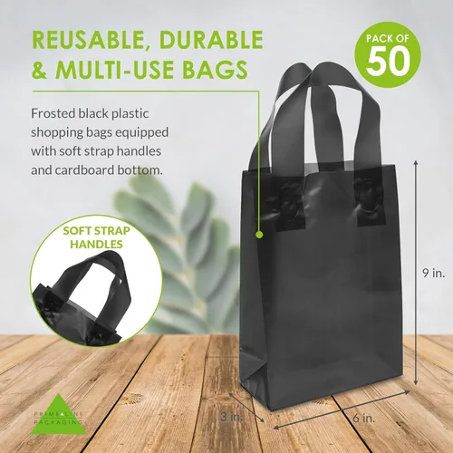 Vista 4 de Prime Line Packaging Bolsas de regalo de plástico, bolsas de mano esmeriladas con asas para compras, pequeñas empresas, negro esmerilado, venta al