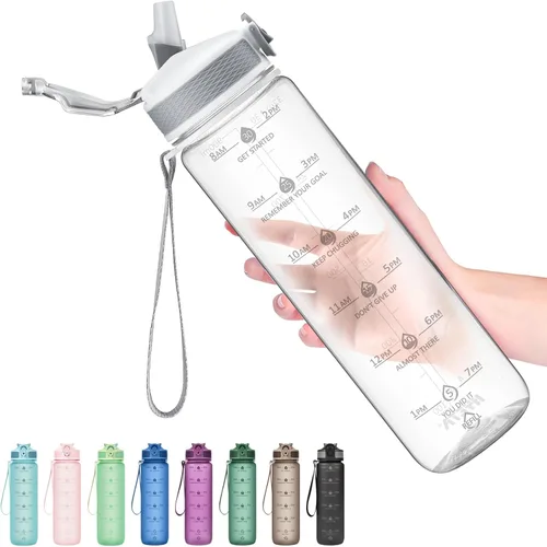 Vista 11 de Hyeta Botellas de agua de 32 onzas con popote, mantente motivado e hidratado con marcas de tiempos convenientes para beber, duraderas, a prueba