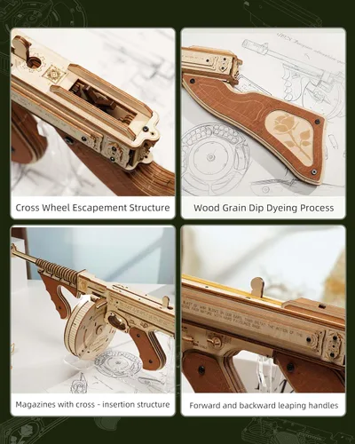 Vista 3 de Rowood Rompecabezas 3D para adultos, kit de modelo de madera de Tommy Gun con banda de goma, rompecabezas de madera 3D, manualidades de regalo