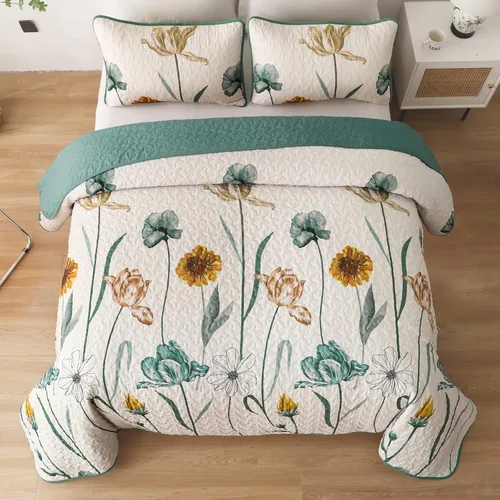 Vista 3 de WONGS BEDDING - Juego de edredón floral tamaño Queen, edredón botánico verde y amarillo con 2 fundas de almohada, juego de ropa de cama ligera
