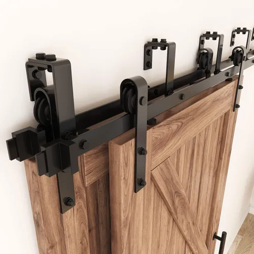 Vista 9 de ZEKOO Kit de herrajes para puerta corrediza de granero de doble vía de 4 pies para 2 puertas, kit de riel de puerta de granero de derivación, techo