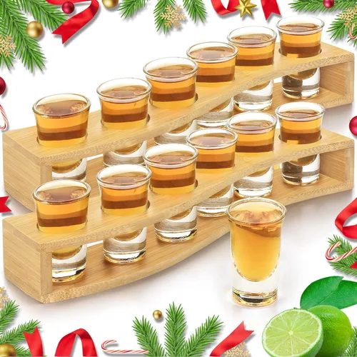 Vista 2 de LINALL Juego de vasos de chupito de 12 piezas, 1 onza/1.0 fl oz con soporte base pesada para whisky tequila, 12 bandejas de servir de vidrio