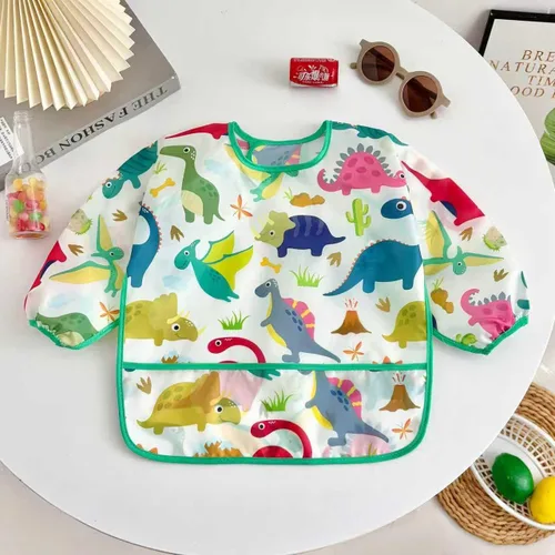 Vista 7 de PandaEar Paquete de 3 baberos de manga larga para bebé, impermeables para comer y artes, babero con mangas con puños elásticos y bolsillo, se adapta