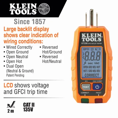 Vista 7 de Klein Tools CL120KIT - Kit de medidor de abrazadera digital de rango automático y probador de salida GFCI RT250 con pantalla LCD, probador