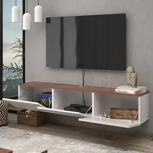 Vista 3 de Atelier Mobili - Consola de TV de pared, color blanco brillante, centro de entretenimiento con diseño flotante Madera como