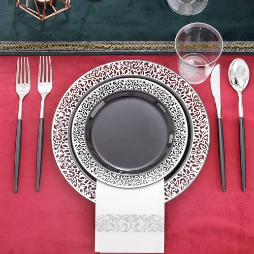 Vista 6 de LIYH 350 platos de plástico negro y plateado, juego de vajilla de plástico plateado, cubiertos desechables, platos negros con servilletas